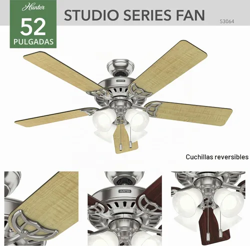 Vista 7 de Hunter Studio Series, Indoor, Ceiling Fan, Quiet, 52 inch, Brushed Nickel Níquel cepillado