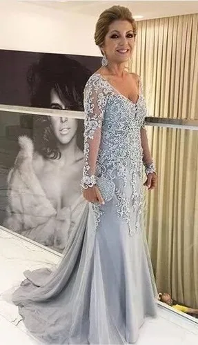 Vista 3 de Mermaid Laces Mother of The Bride Dress with Long Sleeves Off Shoulder Formal Party Evening Gown HO16