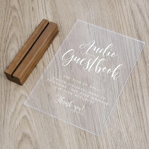 Vista 5 de Letrero de libro de invitados de audio para boda con soporte de madera - 5" x 7" aspecto de cristal transparente, letrero de libro de invitados