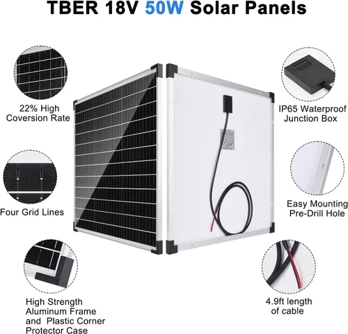 Vista 10 de TBER - Kit de panel solar de 50 W/12 V con controlador de carga de 10 A, cargador de batería solar monocristalino para mantenimiento de batería