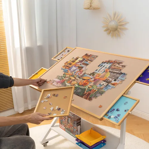 Vista 8 de Tektalk Mesa de rompecabezas con ajuste de ángulo y altura, caballete de rompecabezas con cubierta y 5 cajones de clasificación, tabla inclinable