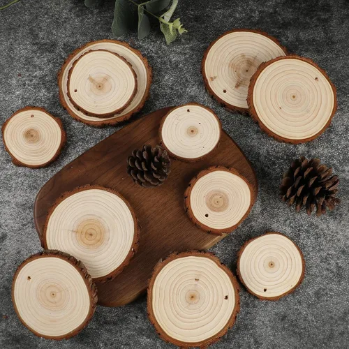 Vista 6 de SENMUT Rebanadas de madera sin terminar 30 piezas 2.8"-3.0" Círculos de madera para manualidades, redondas de madera natural preperforadas, discos