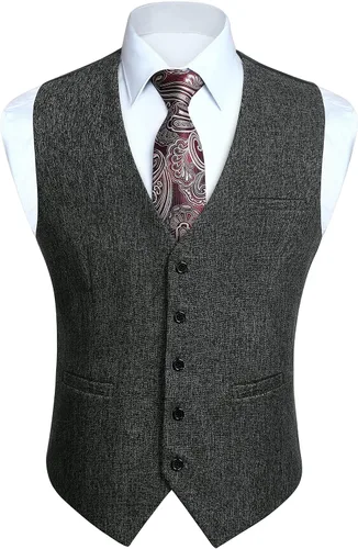 Vista 49 de HISDERN Vest 101 - Chaleco de traje ajustado para hombre con 3 bolsillos para negocios, formal, boda, baile de graduación y esmoquin casual a1-Negro