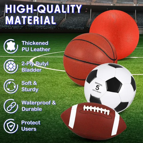 Vista 3 de Deekin Juego de 8 pelotas deportivas de tamaño oficial, incluye baloncesto, fútbol, fútbol, pelota de juegos con bolsas de equipo, bombas