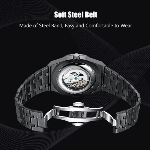 Vista 3 de RORIOS Reloj de negocios para hombre, reloj mecánico automático, reloj luminoso con correa de acero inoxidable, reloj de pulsera de cuerda automática