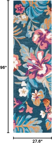 Vista 3 de SAFAVIEH Jardin Collection Alfombra de pasillo, 2 pies 3 pulgadas x 8 pies, azul y rosa, lana floral hecha a mano, ideal para zonas de alto tráfico