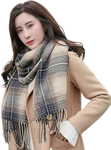 Vista 6 de Wander Agio Chal Largo de Moda para Mujer con Cuadrícula Grande, Bufanda Grande Cálida de Rejilla para Invierno Beige