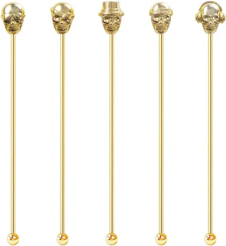 Vista 9 de Palitos Swizzle con forma de calavera, reutilizables, de acero inoxidable, agitadores de bebidas para café, cóctel, paquete de 5 palitos