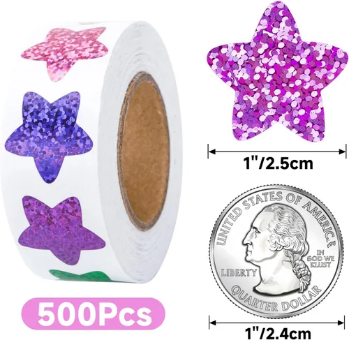 Vista 2 de Anwyll Calcomanías de estrellas – 500 calcomanías de 1 pulgada con purpurina colorida en forma de estrella para recompensa, aula, autoadhesivas