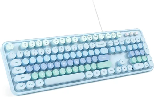 Vista 8 de Teclado de computadora con cable MOWUX, teclado retro redondo con cable USB de plug and play, teclado con cable de tamaño completo con soportes