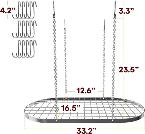 Vista 6 de Vdomus Estante Colgante para Ollas - Organizador de Cocina de Montaje en Techo para Ollas y Sartenes con 15 Ganchos - 33 x 17 Pulgadas Resistente