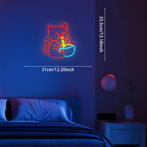 Vista 5 de Letrero de neón con texto en inglés "Noodle Cat" con luz abierta, letras LED para decoración de pared, letreros de puerta decorativos LED