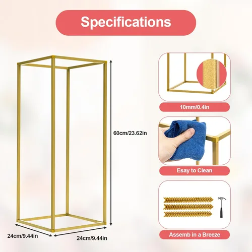 Vista 8 de 10 soportes de metal para centros de mesa de boda, jarrones de columna, soporte de flores de boda, soporte rectangular geométrico dorado