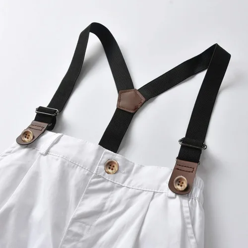 Vista 8 de Conjunto de traje de caballero para niños pequeños, camisa de manga corta + tirante + pantalones cortos + pajarita, 4 piezas para niños pequeños