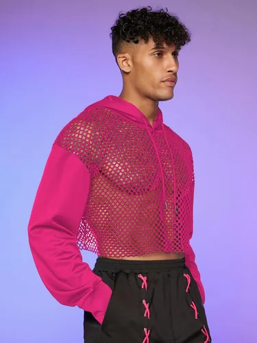 Vista 3 de Floerns Sudadera corta con capucha y cordón para hombre, manga larga, hombros caídos, con cordón