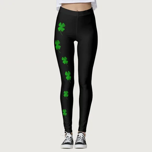 Vista 2 de soighxzc Leggings del día de San Patricio para mujer, con hojas de trébol, pantalones verdes, ajustados, con control de abdomen, pantalones de yoga