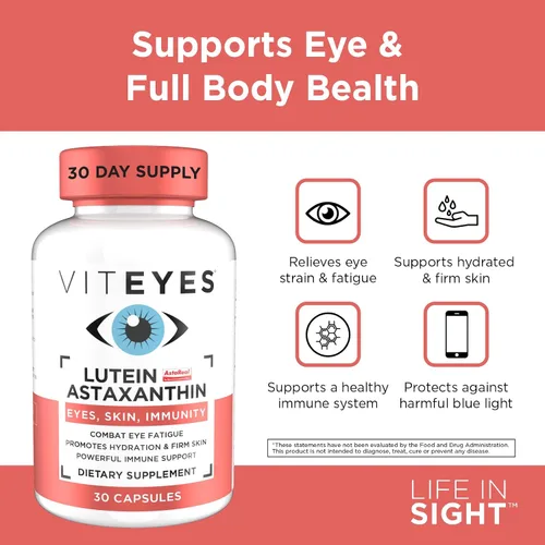 Vista 4 de Viteyes Luteína y astaxantina: alivia la fatiga ocular, hidrata y reafirma la piel, protección contra la luz azul, apoyo inmunológico, 20 mg