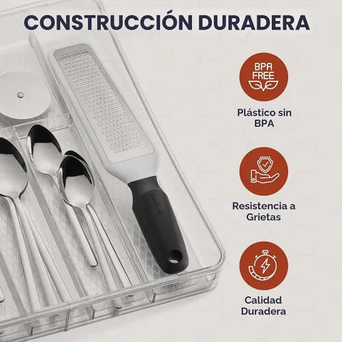 Vista 4 de Masirs Organizador de cajones de utensilios expandible, bandeja de cubiertos transparente de plástico sin BPA con múltiples compartimentos