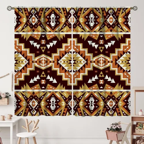 Vista 215 de Cortinas con patrón geométrico tribal, estilo suroeste, azteca, rústico, occidental, nativo americano, opacas, con bolsillo para barra, decoración