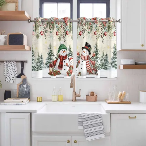 Vista 60 de Libaoge Cortinas de Navidad para cocina, dormitorio, juego de 2 paneles, diseño de muñeco de nieve de Navidad, cortinas de invierno con copos