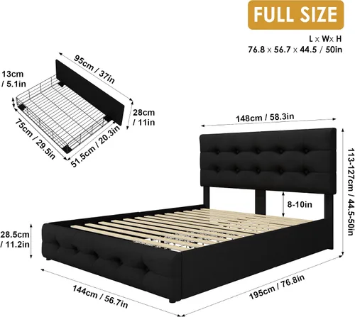 Vista 2 de TTVIEW Base de cama de tamaño completo con 4 cajones de almacenamiento y cabecera ajustable, cama plataforma tapizada con diseño de botones