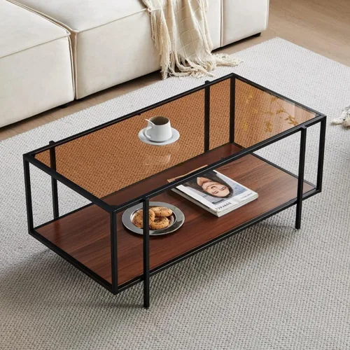 Vista 10 de Shrine - Mesa de café rectangular, diseño moderno de mediados de siglo, estructura de 2 niveles, parte superior de vidrio ámbar y estante de MDF