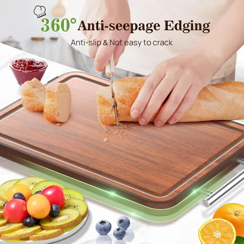 Vista 8 de Tabla de Cortar de Acero Inoxidable y Madera de Doble Cara Tablas de Cortar para Cocina - 2 en 1 Ébano Metal con Mango Resistente a Rayones Carne
