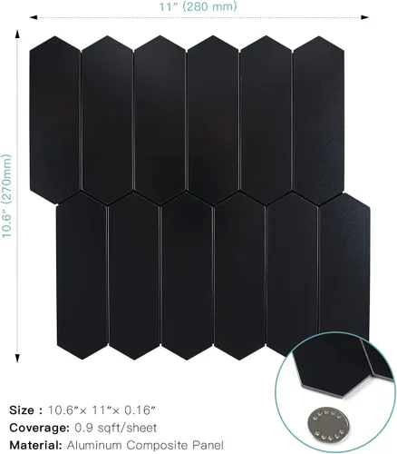Vista 2 de Azulejo negro para salpicaduras de piquete, aspecto de cerámica, largo hexágono autoadhesivo para pared de cocina y baño, paquete de 6