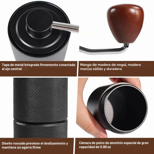 Vista 5 de Molinillo de café manual, caja de regalo, rebaba cónica desmontable de acero inoxidable, molinillo de granos de café de aluminio con 25 ajustes