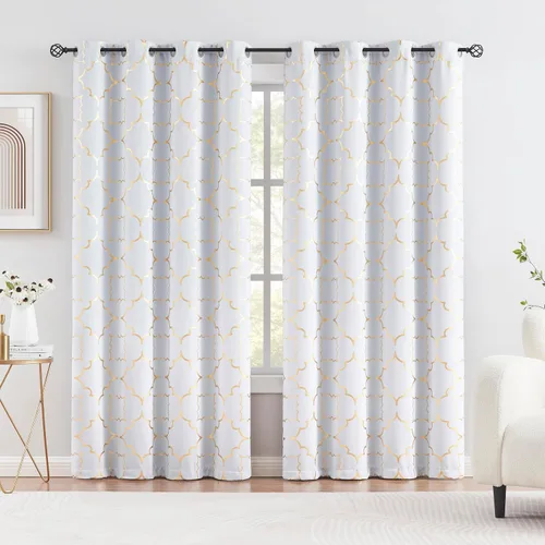 Vista 17 de Purainbow Cortinas opacas beige para dormitorio, sala de estar con paneles de impresión de lámina dorada, oscurecimiento de la habitación