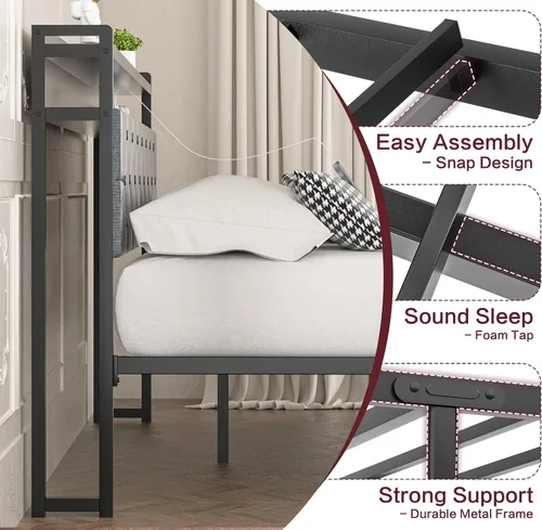 Vista 13 de SUNLEI Base de cama Queen con luz LED y 2 cajones, plataforma de metal con estación de carga y cabecera de almacenamiento de tela de lino, listones