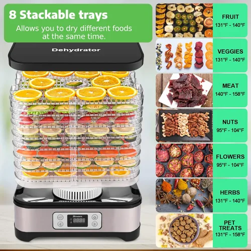Vista 2 de Homdox Deshidratador de alimentos para carne seca y frutas, 8 bandejas sin BPA, temporizador de 72 horas y control de temperatura de 158 °F, máquina