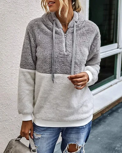 Vista 2 de BTFBM - Suéter sin botones de sherpa con capucha para mujer, con 14 de cremallera y manga larga, suave y mullida, de vellón