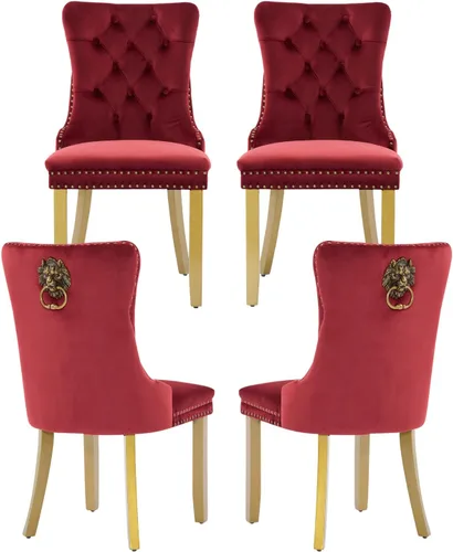 Vista 12 de Juego de 2 sillas de comedor de terciopelo, silla de comedor tapizada de alta gama con tirador de anillo en la espalda, adorno de clavos y patas