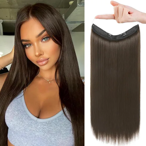 Vista 22 de REECHO - Extensiones de cabello con alambre invisible y con cintillo transparente, tamaño ajustable, clips seguros extraíbles, cabello lacio, diseño