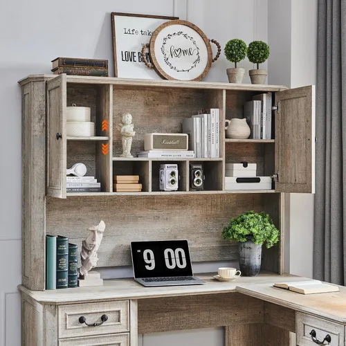 Vista 12 de T4TREAM - Escritorio ejecutivo en forma de L de 59 pulgadas con cajones, escritorio de computadora de madera estilo granja, con estación de carga