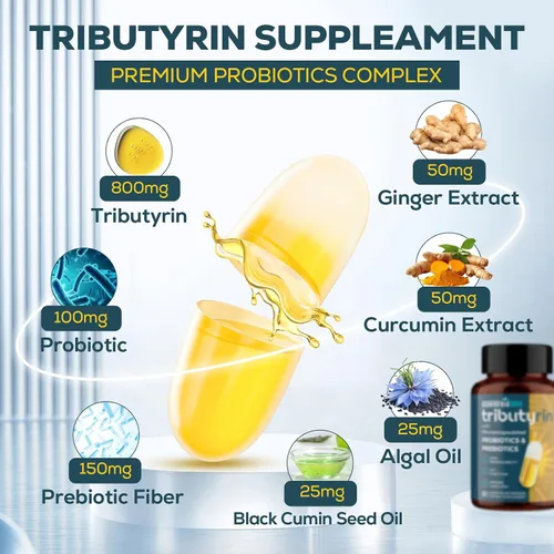 Vista 4 de Suplemento de tributirina para intestino e inmune de 800 mg Alta biodisponibilidad con probióticos y prebióticos microencapsulados - Complejo