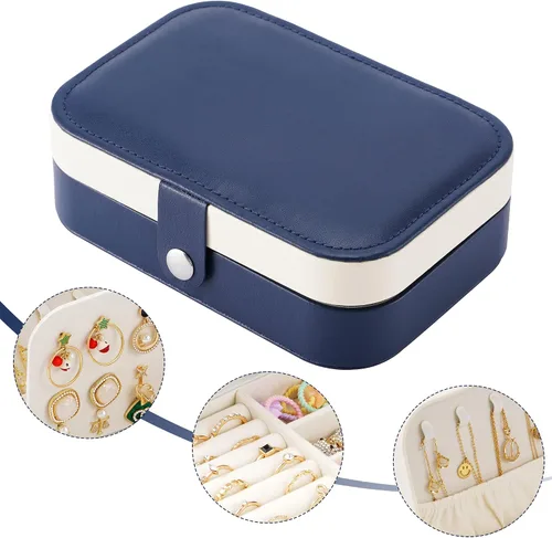 Vista 2 de Joyero de viaje, organizador de joyas pequeño de piel sintética para mujeres y niñas, mini estuche de viaje portátil de doble capa, cajas