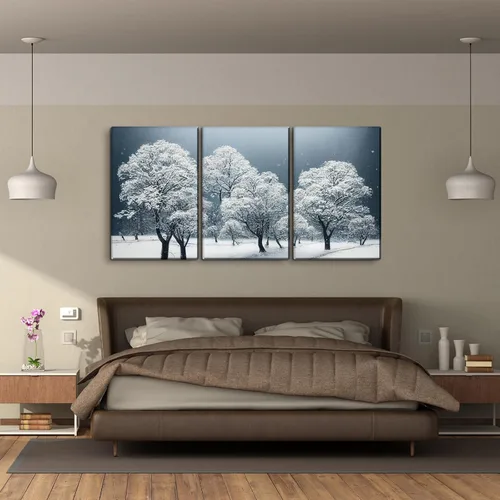 Vista 3 de YONICA Lienzo decorativo de 3 paneles para decoración de oficina en casa, hermoso paisaje con árboles nevados, impresiones en lienzo HD Giclée