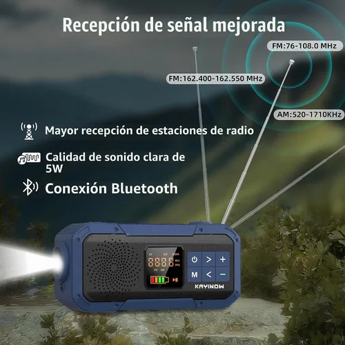 Vista 3 de Radio de emergencia portátil con AM FM NOAA, altavoz Bluetooth, batería recargable de 2000 mAh, carga solar de manivela USB-C, calidad de sonido