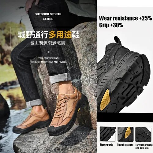 Vista 2 de Zapatillas de senderismo de cuero genuino para hombre, impermeables, clásicas, con cordones, antideslizantes, suela suave, zapatos de trabajo