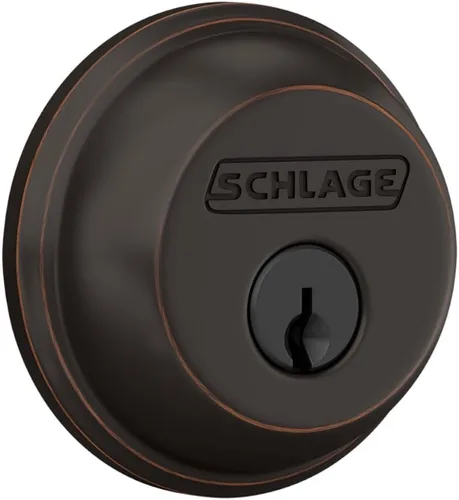 Vista 2 de Schlage Single Cylinder Front Door Deadbolt, Aged Bronze Cerrojo de un solo cilindro con llave exterior y giro en el interior, ajuste universal