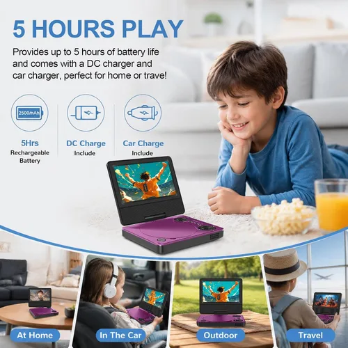 Vista 2 de HotHat Reproductor de DVD portátil de 7.5 pulgadas con pantalla giratoria Púrpura