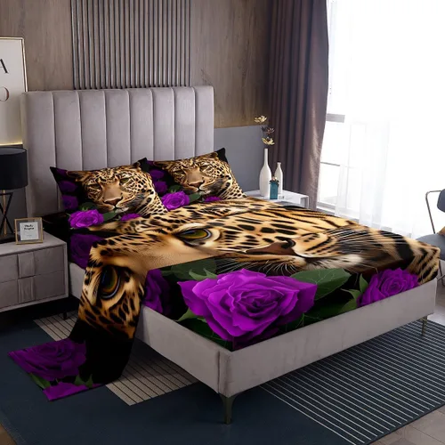 Vista 9 de Erosebridal Sábanas de cama de guepardo con rosa roja, juego de sábanas de bolsillo profundo con estampado de leopardo y gato, sábana bajera