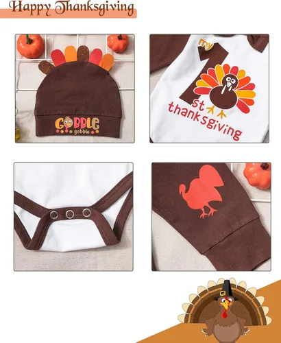 Vista 3 de My First Acción de Gracias, traje de bebé niño, 4 piezas, mameluco de Acción de Gracias, pantalones de tirantes con estampado de pavo recién nacido