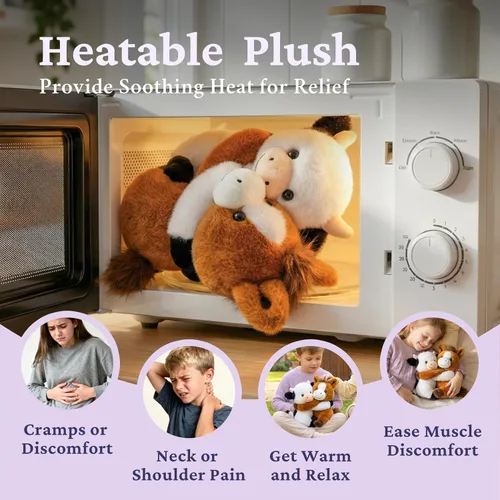 Vista 3 de IKASA Dúo de animales de peluche de vaca y caballo para microondas, calentable y refrigerable de 1.5 libras con aroma a lavanda con peso, 2 piezas