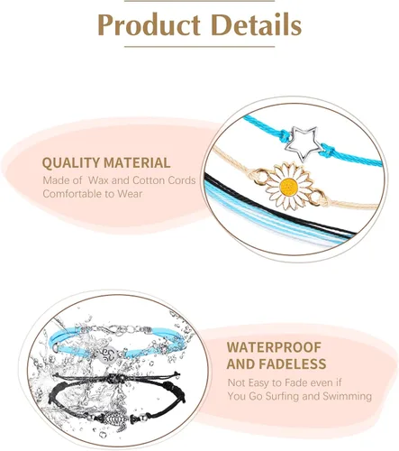 Vista 3 de Hicarer 21 pulseras de olas surfistas ajustables e impermeables hechas a mano para la amistad, joyería para mujer