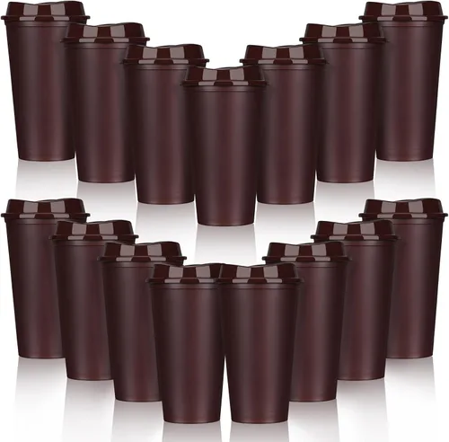 Vista 22 de Domensi Paquete de 15 tazas de café reutilizables con tapas, vasos de viaje desechables de 16 onzas, vasos de plástico a granel para llevar, vasos