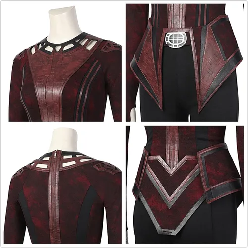 Vista 5 de LILLIWEEN Disfraz de Wanda Maximoff conjunto completo de disfraz de escarlata capa roja para Halloween cosplay