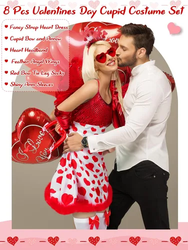 Vista 3 de Twistover 8 piezas de disfraz de Cupido para el día de San Valentín para mujer, hermoso vestido de corazón, alas de flecha y lazo con diadema